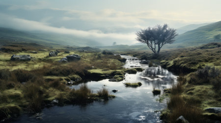 a stream flows gently in the background of this captivating photo, showcasing layered and atmospheric landscapes. the image features the artistic touch of the orton effect, inspired by traditional british landscapes. created using terragen software, the photo exhibits a beautiful blend of transparency and opacity. this high-definition image is a visual treat for nature enthusiasts. ai generatedの素材