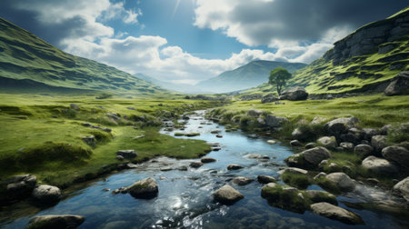 a scenic mountain landscape featuring a stream, lush green trees, and an enchanting ambiance reminiscent of traditional british landscapes and fantasy settings. captured on fujifilm eterna 400t film, this delicately rendered photograph showcases impressive skies and a smooth, shiny finish. a truly captivating image that could easily grace the pages of national geographic. ai generatedの素材