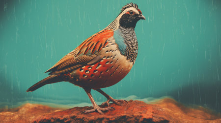 a quail stands gracefully beside a pool of rainwater, its feathers glistening in the sunlight. the image showcases the unique texture of a risograph ra 6700, adding depth and character to the overall composition. ai generatedの素材