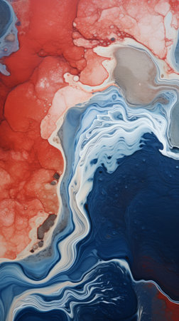 realism ocean and sea with blue and red ridges and a rippling wave pattern. this aerial view photograph, inspired by biomorphic abstraction, showcases detailed imagery in an earthy palette. reminiscent of marbleized artwork, the composition evokes the works of scarlett hooft graafland and jack butler yeats. ai generatedの素材