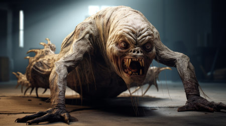 a photo of a hybrid creature composition in light brown and white, created using cinema4d, showcasing the concept of zombie warfare. the image features a goblin academia with a strong facial expression, made entirely of insects. the technique of focus stacking enhances the intricate details of the insect-based creature. ai generatedの素材