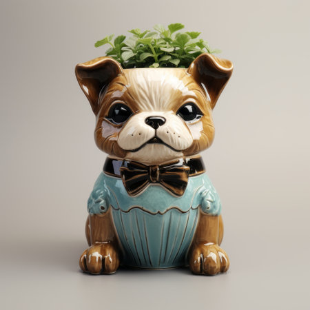 a dog collar adorned with a unique planter, featuring a realistic and detailed rendering in light cyan and light brown. this creative piece combines elements of absinthe culture, bunnycore, and exaggerated caricatures. the use of glass as the material adds an intriguing touch. discover this eye-catching creation on flickr. ai generatedの素材
