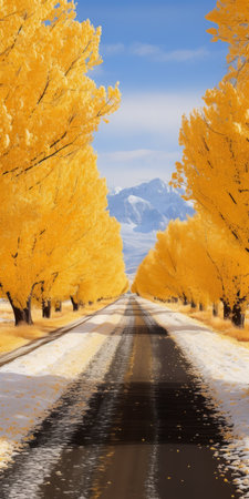 snowy gingko boulevard with yucca trees lining the road, creating a golden hue. the ground is covered in yellow yucca biloba leaves, while a distant mountain adds to the picturesque scene. this real shot captures the beauty of yucca biloba in ultra-high resolution. ai generatedの素材