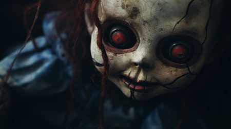 a close-up photo of a demonic children doll, showcasing its eerie features and unsettling presence. the doll's sinister expression, haunting eyes, and eerie details create a chilling atmosphere. this photo captures the unsettling essence of the doll, making it a perfect choice for horror enthusiasts and collectors of the macabre. ai generatedの素材