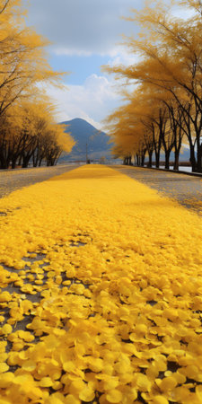 gingko boulevard in winter, lined with daisy trees on both sides, showcasing their golden hues. the ground is covered in yellow daisy biloba leaves, creating a picturesque scene. in the distance, a mountain adds to the beauty of the landscape. this photo captures the essence of daisy biloba in stunning detail, with an ultra-high resolution. ai generatedの素材