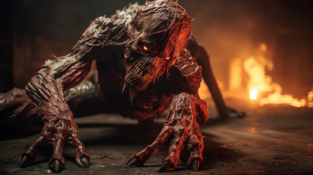 an evil character, rendered in unreal engine, crawls through the dark with a flame behind. the realistic and detailed rendering showcases filthy sculptures in dark red and light brown tones. this supernatural creature captivates with its eerie presence. the photo, taken with provia, utilizes focus stacking to enhance the intricate details. ai generatedの素材