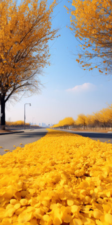 gingko boulevard in the cold weather showcases a stunning sight with daisy trees lining both sides of the road. the golden hue of the trees contrasts beautifully with the yellow daisy biloba covering the ground. in the distance, a mountain adds to the picturesque view. this real shot of daisy biloba captures the scene in ultra-high resolution. ai generatedの素材