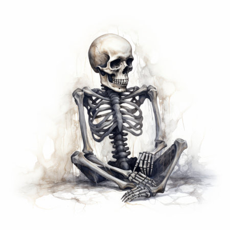 a skeleton sits in the dirt, portrayed in an aggressive digital illustration style. the artwork features delicate shading and a white background, reminiscent of traditional oil paintings. the misty atmosphere adds to the emotional expression of the piece, drawing inspiration from the tennis player marat safin. ai generatedの素材