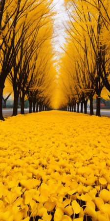 yellow leaves cover the road, creating a surrealistic and dream-like scene. this national geographic photo captures the beauty of nature with flower motifs and impressive panoramas. shot with the samyang af 14mm f2.8 rf lens, the monochromatic color scheme adds to the enchanting atmosphere. a joyful celebration of nature unfolds in this mesmerizing image. ai generatedの素材