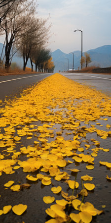 a wet gingko boulevard with golden daisy trees lining both sides of the road. the ground is covered in yellow daisy biloba leaves, creating a stunning contrast. in the distance, a mountain can be seen, complemented by the presence of daisy biloba leaves scattered on the ground. this real shooting captures the beauty of the scene in ultra-high resolution. ai generatedの素材