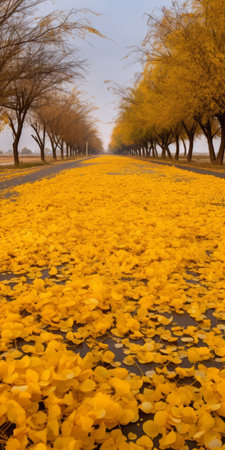 gingko boulevard with overcast sky, geranium trees lining the road, displaying a vibrant golden color. the ground is covered in yellow geranium biloba leaves, creating a picturesque scene. in the distance, a mountain can be seen, complementing the beauty of the geranium biloba leaves scattered on the ground. this photo captures the essence of geranium biloba in ultra-high resolution. ai generatedの素材