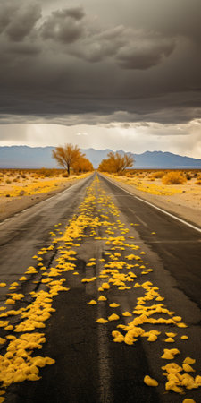 a stormy boulevard lined with yucca trees on both sides. the golden color of the trees contrasts with the yellow yucca biloba covering the ground. in the distance, a mountain can be seen, adorned with fallen yucca biloba leaves. this real shooting captures the scene in ultra-high resolution. ai generatedの素材