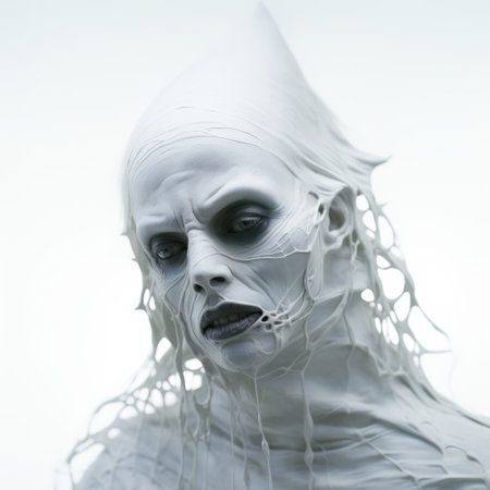 a man wearing a white mask and his head wrapped in white cloth poses in a zbrush-inspired style. the photo showcases elements of net art, fantastical creatures, contemporary grotesque, and zombiecore. the meticulous linework precision and multi-layered figures add depth to the composition. ai generatedの素材