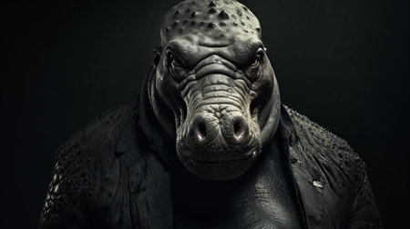 a majestic giant octopus, adorned in black leather clothing reminiscent of durk and gritty style, is captured in a creased, crinkled, and wrinkled portrait. the soft lighting enhances the strong facial expression of this caninecore-inspired image, taken with a nikon d850. the presence of majestic elephants adds to the overall grandeur of the scene. ai generatedの素材