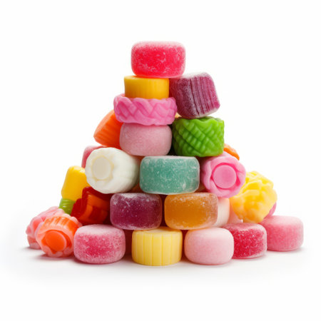 a colorful assortment of candies stacked on top of each other, creating vibrant piles and stacks. the softbox lighting enhances the geometric shapes and patterns of the candies, while maintaining a monochromatic harmony. the elaborate fruit arrangements add an extra touch of creativity to the composition. all of this is set against a clean white background. ai generatedの素材