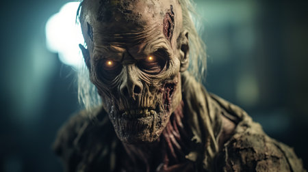 a hyper-realistic sci-fi photo featuring a skeleton in a dark room. the dynamic and exaggerated facial expressions create a chilling atmosphere. the lens flare adds a touch of intensity to the scene. shot with the tokina at-x 11-16mm f/2.8 pro dx ii lens, this image by aleksi briclot showcases creased, crinkled, and wrinkled details, embodying the essence of zombiecore. ai generatedの素材