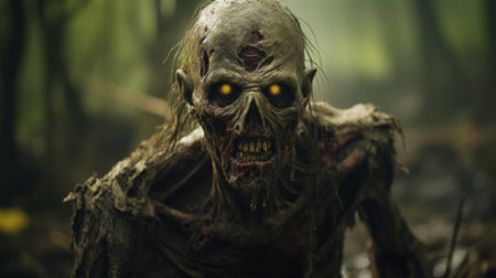 a zombie in a white jacket with giant green eyeballs stands in a dark forest. rendered in the style of unreal engine, the image showcases a mix of dark yellow and bronze tones. this close-up photograph, taken with a fujifilm x-t4 by kevin hill, captures the eerie essence of the scene. the image has a distinct frogcore vibe, reminiscent of the artwork of frank mccarthy.の素材