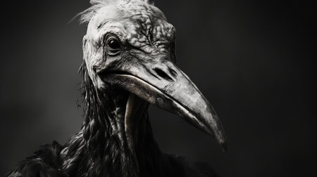 a large black bird with a crest on its head is captured in this intense chiaroscuro portrait. the photo, in the style of decay and decayed aesthetics, showcases the realistic depiction of the bird's form. created using zbrush, this monochrome-toned image has a dinopunk vibe, reminiscent of national geographic's captivating photography. ai generatedの素材