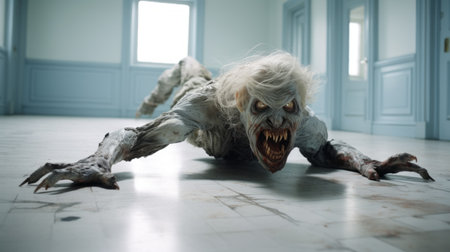a zombie, resembling a taxidermy exhibit, navigates through the rooms of an ancient house. the eerie creature is captured in a close-up shot, showcasing its light gray and light blue hues. this captivating photograph, taken by even mehl amundsen using a wollensak 127mm f47 ektar lens, has a mythical creature vibe that could easily grace the pages of national geographic. ai generatedの素材