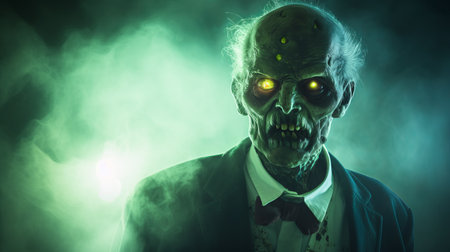a man in a suit and tie stands in a dark room, his face displaying a strong expression. behind him, a zombie lurks, adding an intense element to the scene. the close-up shot captures the explosive pigmentation of light green and light amber, creating a striking visual contrast. the image combines elements of darksynth and traditional aesthetics, featuring skull motifs for added intrigue. ai generatedの素材