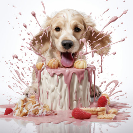 a dog enjoying a cake at a vibrant party, captured in a visually striking style with textured splashes. this photorealistic rendering showcases an advertisement-inspired scene, infused with elements of pinkcore and post-processing techniques. the hyperrealistic composition and organic sculpting bring this image to life, creating a captivating visual experience. ai generatedの素材