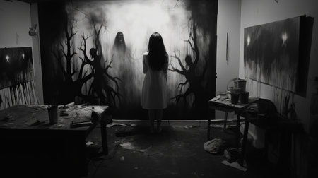 an artist passionately paints the room behind him, creating a mesmerizing scene of dark fantasy creatures. the high-definition video captures the artist's process, showcasing the stark black-and-white photography style. inspired by the works of alena aenami and ayako ishiguro, this halloween-themed artwork combines realism with a touch of expressionism, resulting in captivating apocalypse art. ai generatedの素材