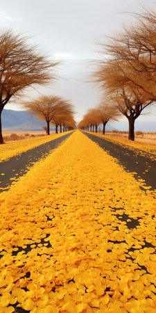 cloudy gingko boulevard with succulent trees on both sides. the golden color of the trees contrasts beautifully with the yellow succulent biloba covering the ground. in the distance, a mountain can be seen, adorned with succulent biloba leaves. this real shooting captures the scene in ultra-high resolution. ai generatedの素材