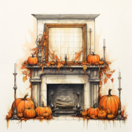 a black and white illustration of a mantel adorned with maple leaves and pumpkins. the illustration is done in the style of colorful ink wash paintings, creating an atmospheric perspective. the colors used are light orange and light brown, adding to the moody atmosphere. the architecture paintings on the mantel are precise and detailed, while the symbolic props enhance the hyper-realistic feel of the artwork.の素材