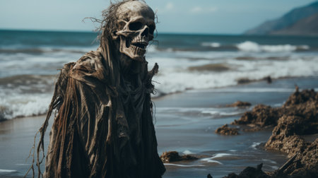 a necromancer, emerging from a decaying shipwreck on a desolate beach, waves crashing in the background. candid, full-body shot of a mysterious figure surrounded by the remnants of a shipwreck. available on unsplash in 600px resolution. ai generatedの素材