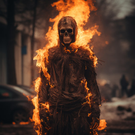a man dressed in a detailed skeleton costume walks through a city, creating a striking image reminiscent of burned and charred aesthetics. the dark orange and light brown tones add depth to the photograph, which is captured using fujifilm pro 800z film. this unique social media portraiture is inspired by the works of wojciech siudmak and features sculpted elements. ai generatedの素材