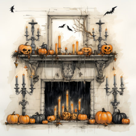 halloween-themed illustration featuring pumpkins, candles, and ghost sketches. the artwork showcases a realistic interior style with watercolorist techniques. the image depicts detailed architectural elements in shades of gray and amber. this high-resolution (uhd) illustration captures meticulously detailed and hauntingly abandoned spaces. ai generatedの素材