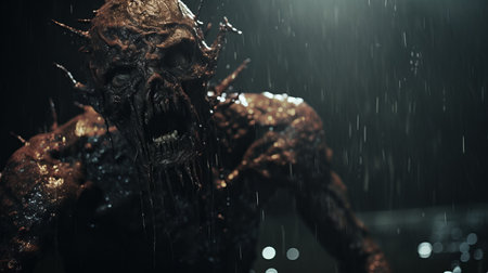 a hyper grainy and hyper detailed film still from a 1980s grindhouse movie. this dark scene, shot in the night, captures a disgusting monster in a punk art style. the image, reminiscent of a gritty panos cosmatos movie, showcases a necronomicon demon warrior. with its 4k resolution and 8mm aesthetic, this 70s horror film-inspired photograph is a melting claymation lord in a 1970s japanese horrorの素材
