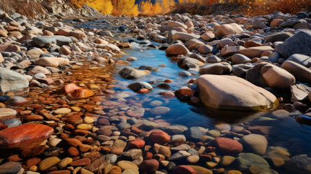 rocks by the river at sunset, showcasing a realistic portrayal of light and shadow. this photograph, captured with a zeiss batis 18mm f2.8 lens, features a stunning saturated color scheme with a mix of light blue and amber hues. the composition evokes the essence of american impressionism, highlighting the unique terrain of northern china. a captivating color splash adds an extra touch of visual appeal.の素材