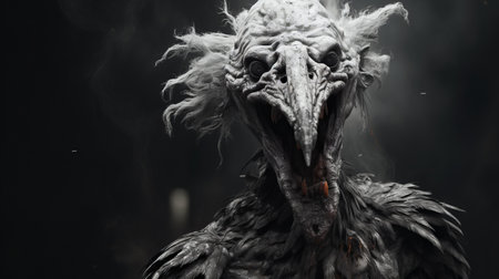 a 3d wallpaper featuring a dark and gritty art style of life-like avian illustrations. this wallpaper, created by anton semenov and rendered in unreal engine, showcases grotesque caricatures with layered fibers, resulting in a dark and white aesthetic. ai generatedの素材