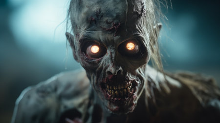 a close-up photo of a comic book character, zombie in the street, rendered in the style of unreal engine 5. the character is depicted in dark aquamarine and white colors, with glowing lights adding an eerie touch. the photo captures the intricate details of the character's design, showcasing the work of artist frans snyders. taken with a macro lens, this close-up shot brings the characterの素材