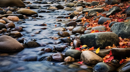 a stream with leaves flowing over rocks, showcasing a pointillist seascape style in vibrant shades of light red and yellow. the low depth of field adds depth and focus to the iconic rock and roll imagery. this photograph pays homage to the color photography pioneer, capturing the beauty of nature in dark azure and amber tones, with hints of red and gray. ai generatedの素材