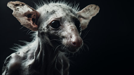 a pet photo captured for animal behavior tagging on facebook, showcasing an otherworldly grotesquery. rendered in cinema4d, this image features a dark expressionism with a low depth of field. the unique style of ratcore is evident in this uhd image, presenting luminous portraits that are both captivating and intriguing. ai generatedの素材