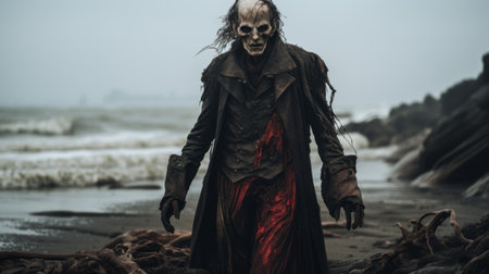 a person in a coat wearing a demon costume stands on a beach, embodying the macabre romanticism style. the individual's victorian-era clothing is pulled, scraped, and scratched, adding to the dark and spooky themes. the image showcases elements of junglecore, horror-inspired aesthetics, and features skull motifs. ai generatedの素材
