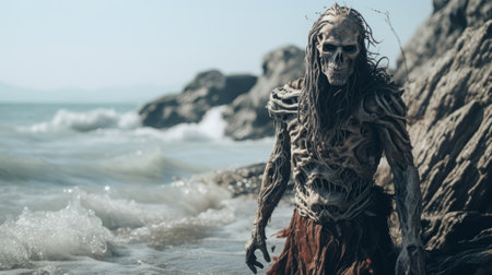 a draugr, a mythical creature from norse folklore, emerges from a decaying shipwreck on a desolate beach. the dramatic waves crashing in the background add to the eerie atmosphere. this captivating image captures the mystery and allure of the supernatural. find this 1x photo on unsplash in 600px resolution. ai generatedの素材
