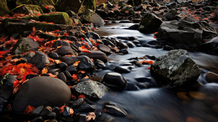 an autumn river flows gracefully, adorned with rocks, leaves, and various objects. captured through the lens of a carl zeiss distagon t 15mm f/2.8 ze, this photograph showcases the traditional british landscapes in a striking combination of light black and red hues. the dark bronze and orange tones add depth to the outdoor scene, creating a captivating visual experience. ai generatedの素材