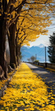 spring gingko boulevard with golden geranium trees lining both sides of the road. the ground is covered in yellow geranium biloba leaves, creating a vibrant carpet. in the distance, a mountain adds to the picturesque scene. this photo captures the beauty of geranium biloba in ultra-high resolution, providing a clear and stunning image. ai generatedの素材