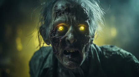 zombie monster with glowing eyes and eyelashes on the forest floor. this powerful and emotive portraiture, captured in the style of vray tracing, showcases the dark green and yellow tones. the intense close-ups, taken with the zeiss milvus 25mm f14 ze lens, create an industrial photography aesthetic. a unique blend of grandparentcore and eerie elements make this photo truly captivating. ai generatedの素材