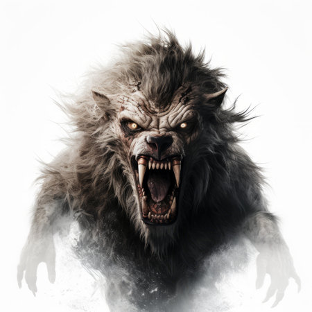 a large monster with big front teeth is depicted in this artwork by nick alm. the monster is captured in a running motion against a white background, showcasing the attention to detail in the fur and feathers texture. the style of the piece draws inspiration from artists such as salvator rosa and florian nicolle, resulting in a realistic and hyper-detailed portrayal. the monster's strong facialの素材