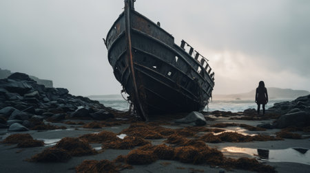 an old boat, covered in rusty debris, stands in the foreground as a person gazes at it in this post-apocalyptic themed photograph. the image captures the raw vulnerability and gothic romanticism often seen in the works of michael shainblum and helga ancher, who are known for their romantic depictions of historical events. ai generatedの素材