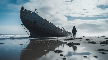 a phantom, emerging from a decaying shipwreck on a desolate beach, is captured in this candid, full-body shot. the waves crashing in the background add to the dramatic atmosphere. this captivating image of a phantom can be found on unsplash in 600px resolution. ai generatedの素材
