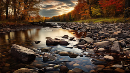 a stream flowing through a vibrant autumn landscape, adorned with richly colored leaves, captures the essence of nature's beauty. the monochrome style of the photograph enhances the dynamic outdoor shot, showcasing the light gold and crimson hues of the surroundings. this captivating image, reminiscent of mike campau's expansive landscapes, is a true celebration of the season's splendor. ai generatedの素材