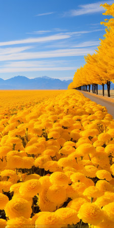 sunny gingko boulevard with zinnia trees lining the road, showcasing their vibrant golden color. the ground is covered in yellow zinnia biloba flowers, creating a stunning carpet. in the distance, a mountain can be seen, complemented by fallen zinnia biloba leaves on the ground. this real shot captures the beauty of zinnia biloba in ultra-high resolution. ai generatedの素材