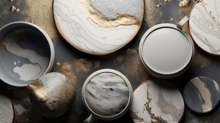 a collection of over 200 stunning marble cups and plates featuring metallic textures, surrealistic elements, and realistic hyper-detailed rendering. the soft, blended brushstrokes and muted colors, such as light gray and light gold, create a mesmerizing effect. these unique pieces transport you to alien worlds, offering an enchanting aerial view. ai generatedの素材