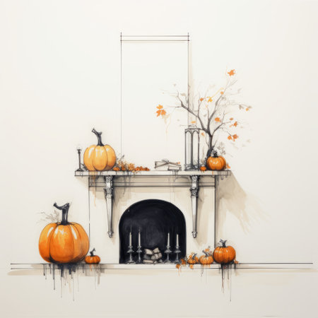 halloween pumpkins, candles, and a mantel in the fireplace are depicted in this minimalist ink wash illustration. the composition showcases hyperrealistic details, reflecting the skill of the award-winning architectural illustrator. the nature-inspired installations, crafted from wrought iron, silver, and amber, add a touch of elegance to the overall design. ai generatedの素材