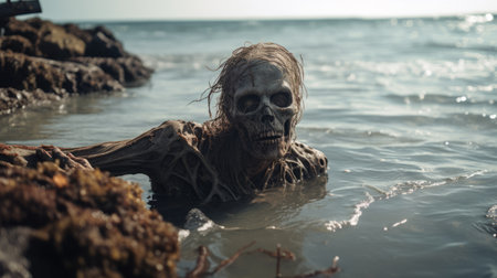 a zombie emerges from a decaying shipwreck on a desolate beach, with crashing waves in the background. this eerie and captivating photo captures the haunting presence of the undead in a post-apocalyptic setting. find this 1x image on unsplash, available in 600px resolution. ai generatedの素材